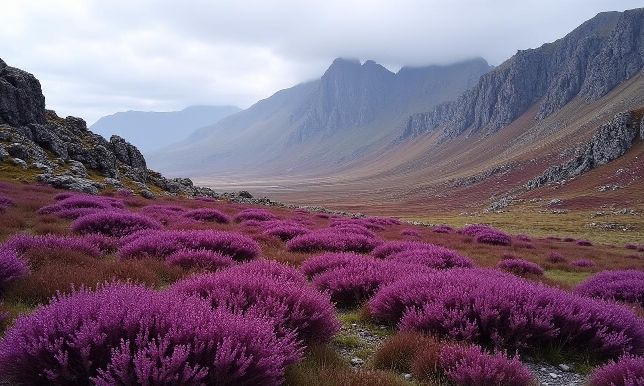 Rugged mountains and purple heather in Connemara National Park.