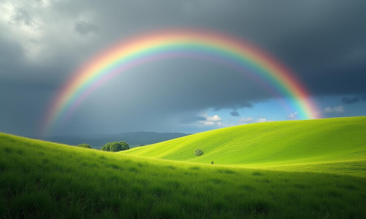 A bright rainbow over a green rolling hill in the Irish countryside.