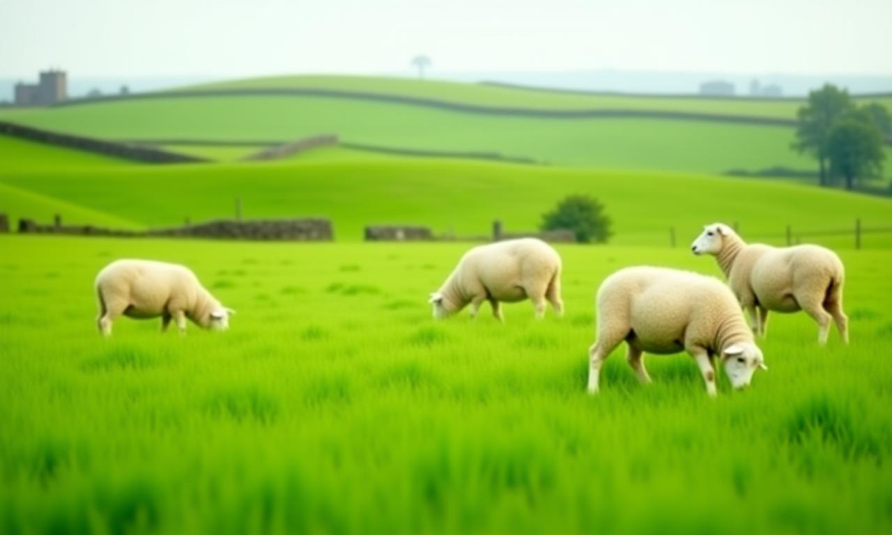 Fluffy white sheep grazing in a vibrant green Irish field.